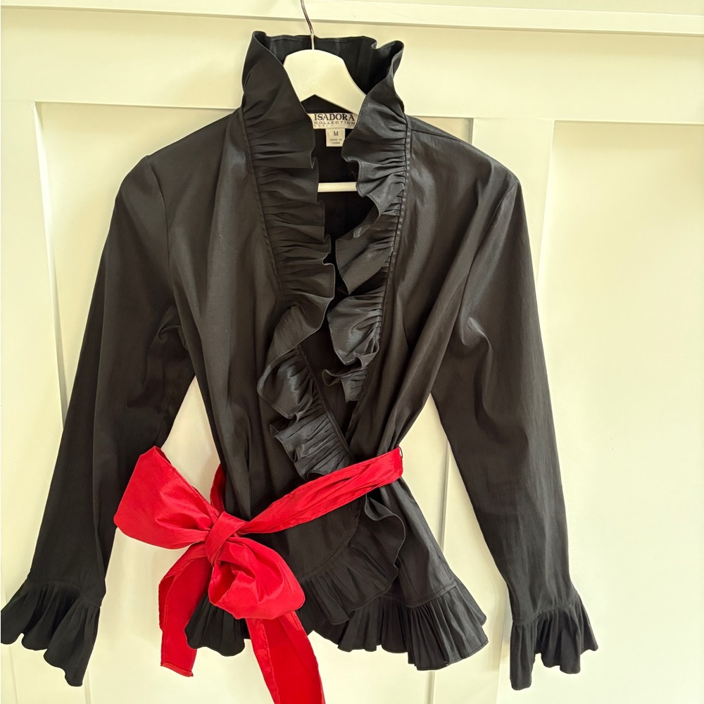 Black Ruffled top with Red Belt